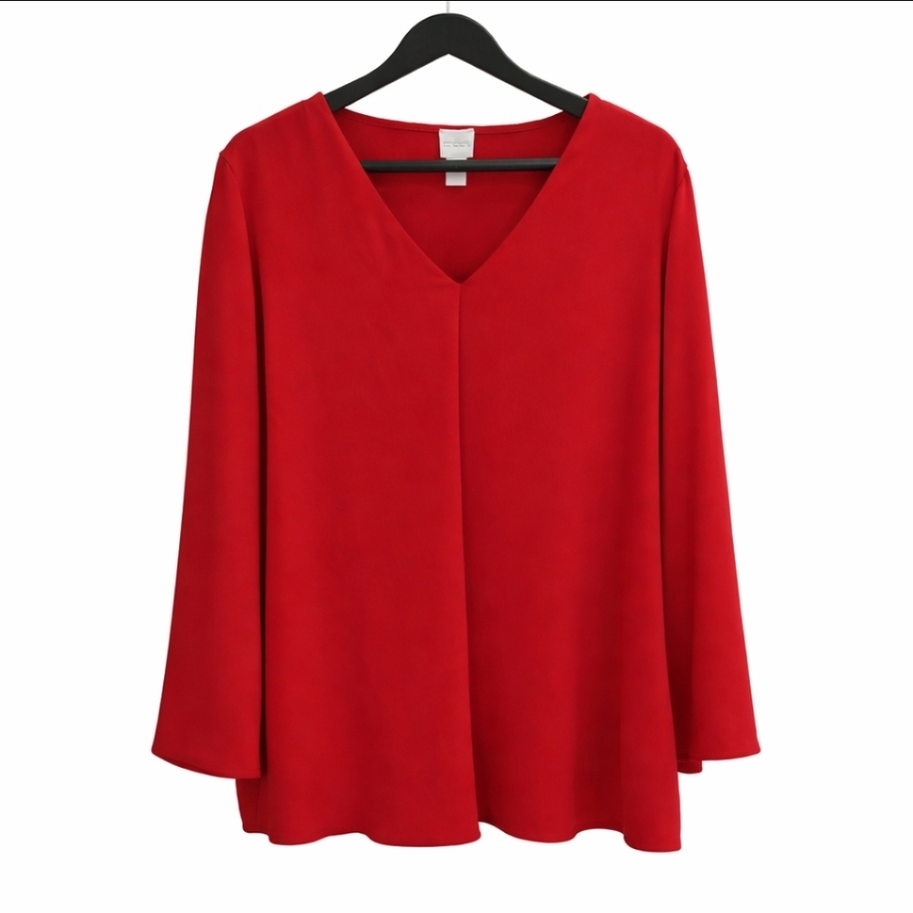 Chicos Red V-neck Soft Pleated Front Blouse SZ 3 (XL)